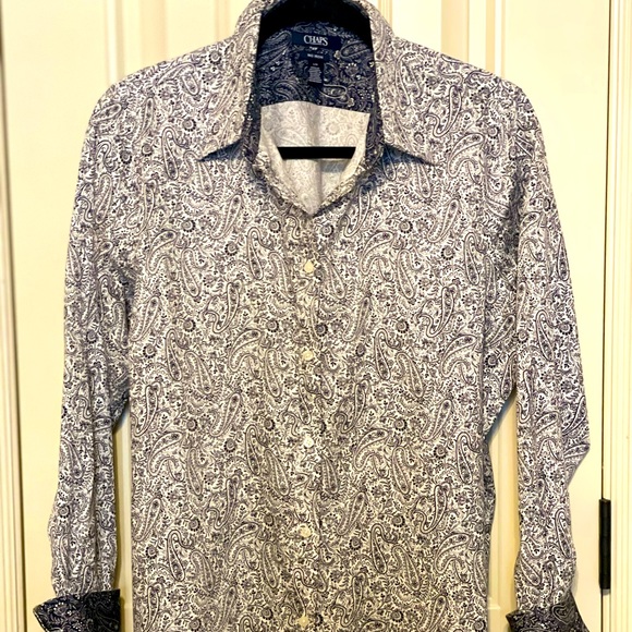 Chaps Tops - Navy/White Paisley button up w/detailed collar and cuffs! Versatile dress/casual